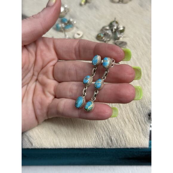 Native American Sterling Silver Blue Ridge Turquoise Triple Dangle Post Earrings - Picture 6 of 6